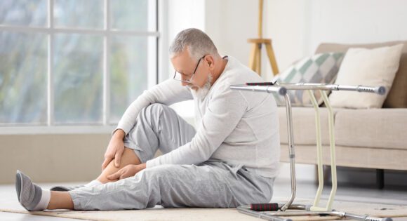 Senior man with injured leg